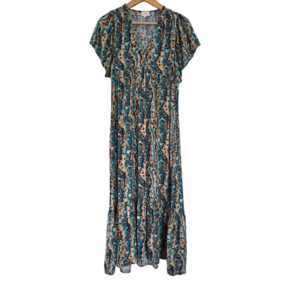 An'ge Morgane Teal Orange Floral Flowy Summer Caftan Maxi Dress S Small